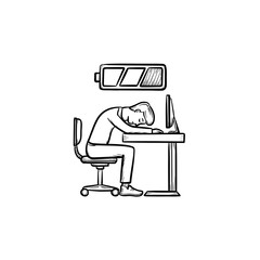 Low battery tired man hand drawn sketch vector icon. Out of power, burnout concept. Low battery symbolize hard working. Outline doodle illustration for print, web, infographics isolated on white