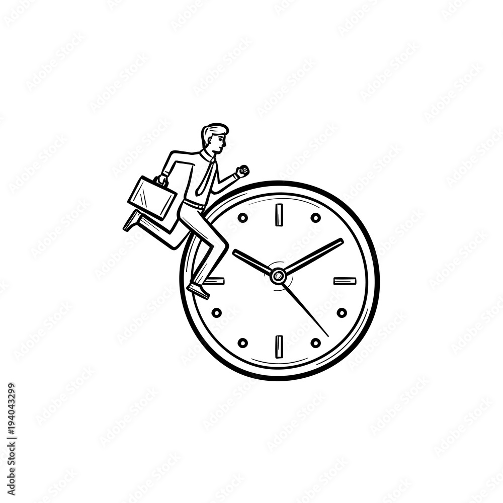 Poster vector hand drawn clock with running man outline doodle icon. concept of time changing sketch illust