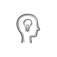 Idea hand drawn outline doodle icon. Lightbulb in the head of the man showing the concept of idea sketch illustration for print, web, mobile and infographics isolated on white background.