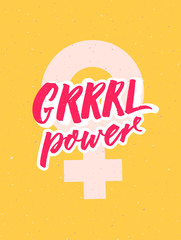 Girl power poster with female sign and brush lettering on yellow background. Print for feminist apparel, tees and stationary