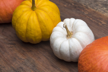 Colorful pumpkins on old wood