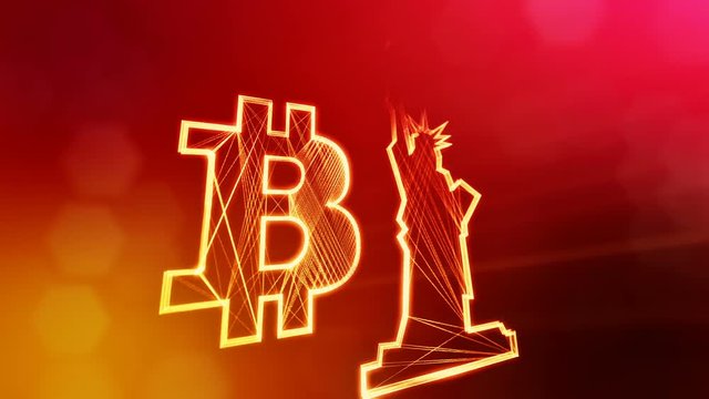 Bitcoin logo and a statue of freedom. Financial background made of glow particles as vitrtual hologram. Shiny 3D loop animation with depth of field, bokeh and copy space. Red background v1