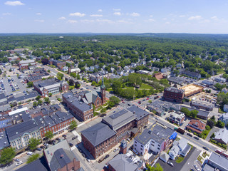 Natick First Congregational Church, Town Hall and Common aerial view in downtown Natick, Massachusetts, USA.