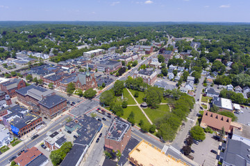 Natick First Congregational Church, Town Hall and Common aerial view in downtown Natick, Massachusetts, USA.