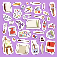 Painting vector artist tools palette icon set flat illustration details stationery creative paint equipment art canvas drawing symbol artist instrument for creativity decoration