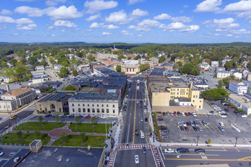 Framingham City Hall and downtown aerial view in downtown Framingham, Massachusetts, USA.