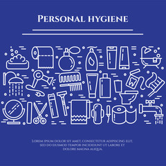 Personal hygiene blue line banner. Set of elements of shower, soap, bathroom, toilet, toothbrush and other cleaning pictograms. Line out. Simple silhouette. Editable stroke. Vector illustration