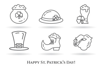 St. Patrick's Day theme thin line black and white icons. Set of elements of shamrock, leprechaun hat, shoes, beard, gold and other holiday related pictograms. Vector illustration. Editable stroke