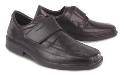 Black leather shoes without laces with velcro straps for men