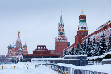 After great winter snowfall at Moscow Red Square with Cathedral of Saint Basil the Blessed and Lenin mausoleum