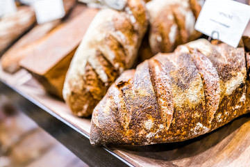 Closeup of fresh brown scored sourdough baked bread loaves in bakery