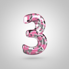 Camouflage number 3 with pink, grey, black and white camouflage pattern isolated on white background.