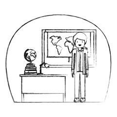 male teacher in geography class with pile books vector illustration design