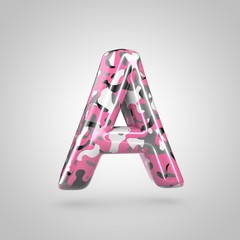 Camouflage letter A uppercase with pink, grey, black and white camouflage pattern isolated on white background.