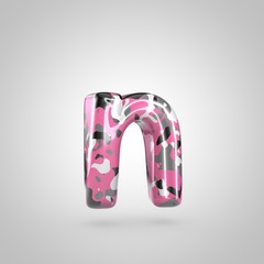Camouflage letter N lowercase with pink, grey, black and white camouflage pattern isolated on white background.
