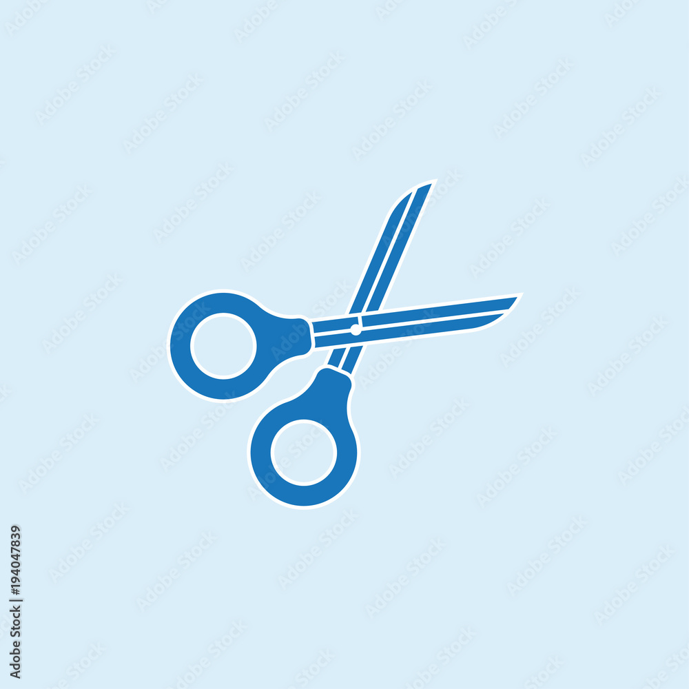 Poster scissors icon in flat style isolated on blue background. scissors symbol for your design and logo. v
