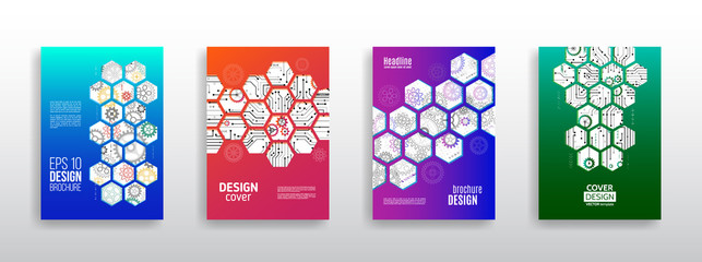 Abstract technology cover with hexagon elements. High tech brochure design concept. Futuristic business layout. Digital poster templates.