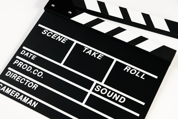 Movie production clapper board. Black clapperboard isolated on white background with copy space,...