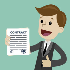Businessman holding a contract with signature. Good deal. Happy, smile.