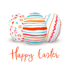 Happy Easter. Easter white decorated doodle eggs. Scandinavian ornaments. simple orange, red, blue stripes, patterns