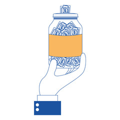 hand with glass jar and bills vector illustration design