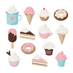 Set of different food and drink icons. Isolated retro illustrations of cakes, doughnuts, ice cream, sundae, coffee, cupcakes and muffins.