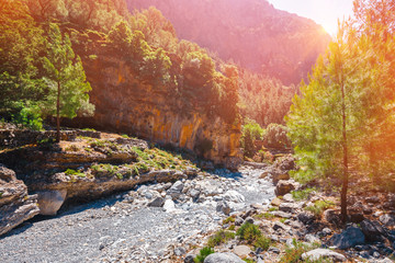 Narrow canyon trail located in Samaria Gorge in Central Crete