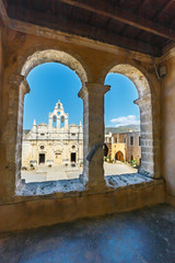 Cloisters in Basilica of Arkadi Monastery on Crete Island, Greece