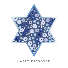 Obraz premium Pesach, Passover greeting card with blue jewish star and hand drawn flowers pattern,. Vector illustration background.
