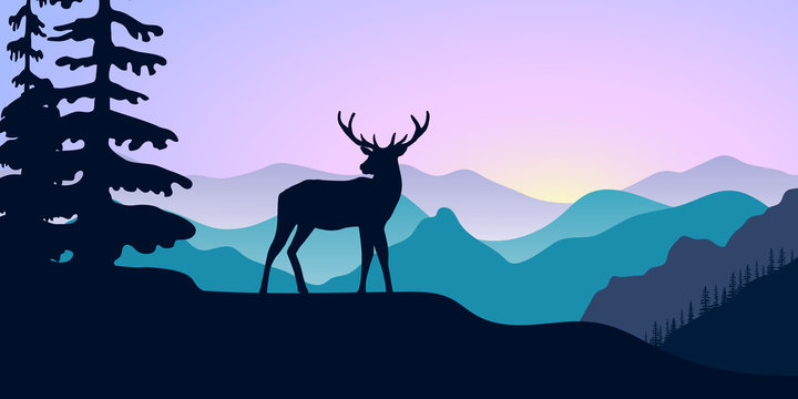 Mountains, alpine wild fallow deer and forest at sunrise. landscape with silhouettes. Vector illustration