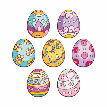 Colored Easter eggs set. Vector illustrations isolated on white background in doodle style.