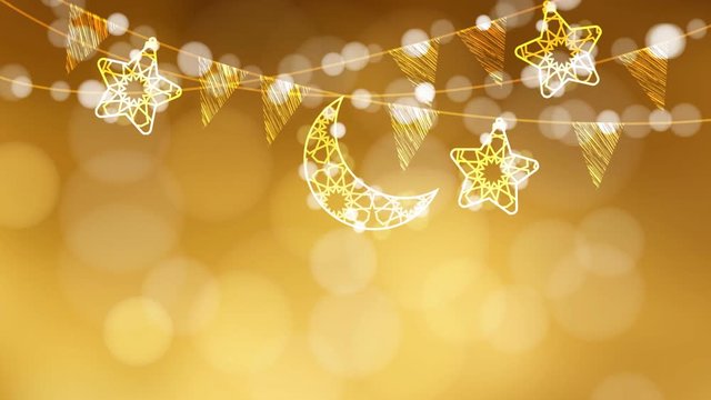 Glittering arabic lanterns, flags, decorative moon, stars and lights on the golden blurred background. Loopable Ramadan graphic animation.