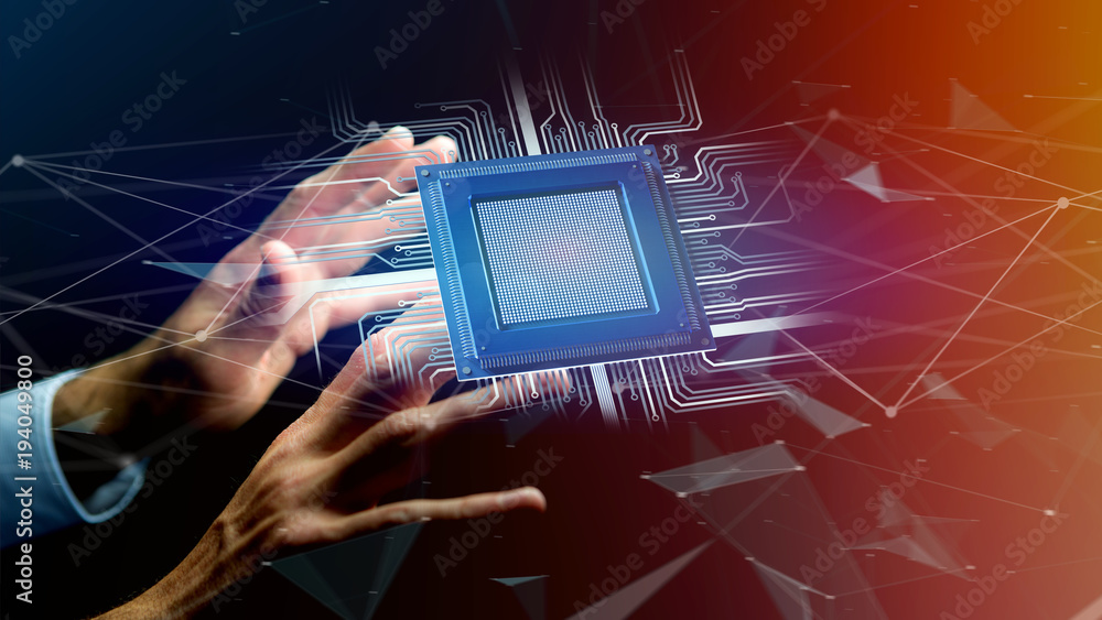 Poster processor chip and network connection - 3d render