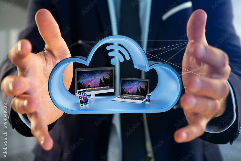 Poster devices like smartphone, tablet or computer displayed in a cloud- 3d render