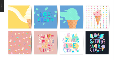 Fototapeta na wymiar Set of the postcards on Love, spring, ice cream