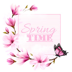 Nature spring background with beautiful magnolia branches and butterfly. Vector.