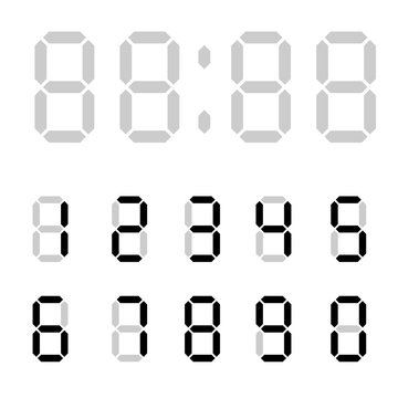 Digital clock. Calculator digital numbers. Alarm clock letters. Numbers set for a digital watch and other electronic devices. Vector 10 EPS