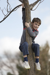 10-year-old boy climbing on a tree looking towards the camera.