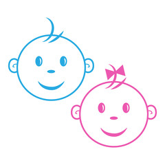 Logo kids. Boy and girl. Face baby. Blue and pink colors, outline design. Vector illustration