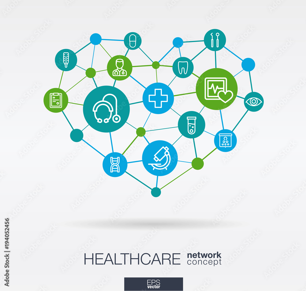 Poster healthcare, integrated thin line web icons in heart shape. digital neural network interact concept. 