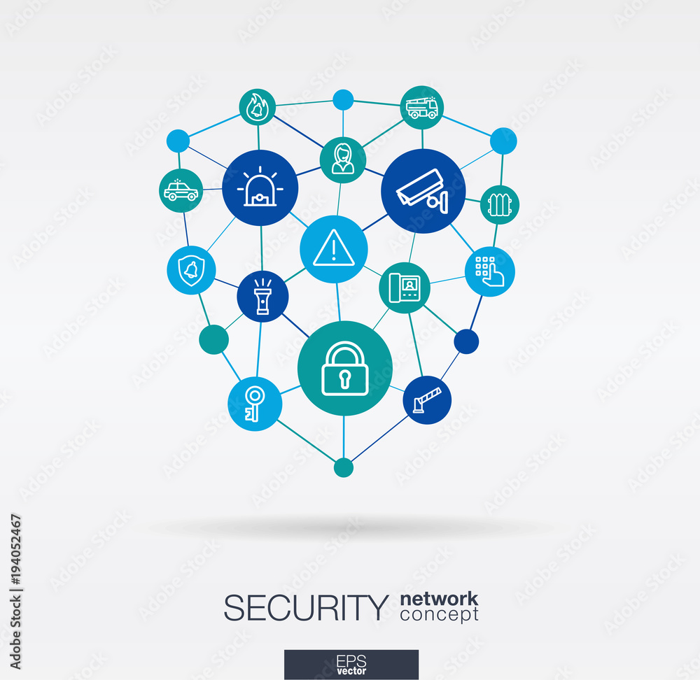 Poster security, access control integrated thin line web icons in shield shape. digital network concept. co