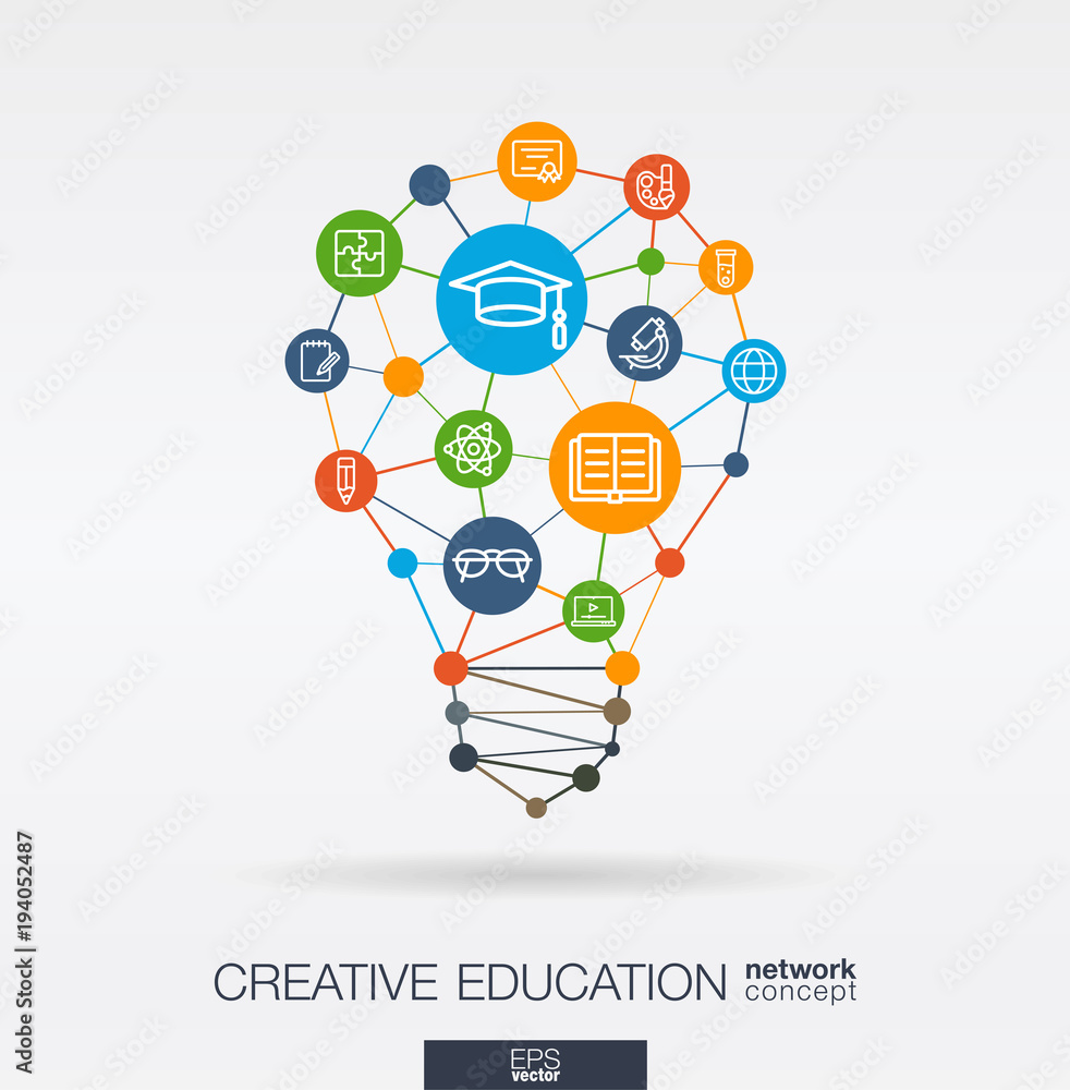 Poster education integrated thin line web icons. idea, solution in light bulb shape. digital network concep