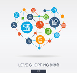 Love shopping integrated thin line icons in heart shape. Digital network concept. Connected graphic design polygons and circles system. Abstract background for ecommerce, market, online sales. Vector