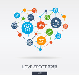 Love sport integrated thin line icons in heart shape. Digital network concept. Connected graphic design polygons and circles system. Abstract background for healthy, lifestyle, fitness and gym. Vector