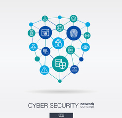 Cyber security integrated thin line web icons in shield shape. Digital network concept. Connected graphic design polygons, circles system. Abstract big data protect background, internet safety. Vector