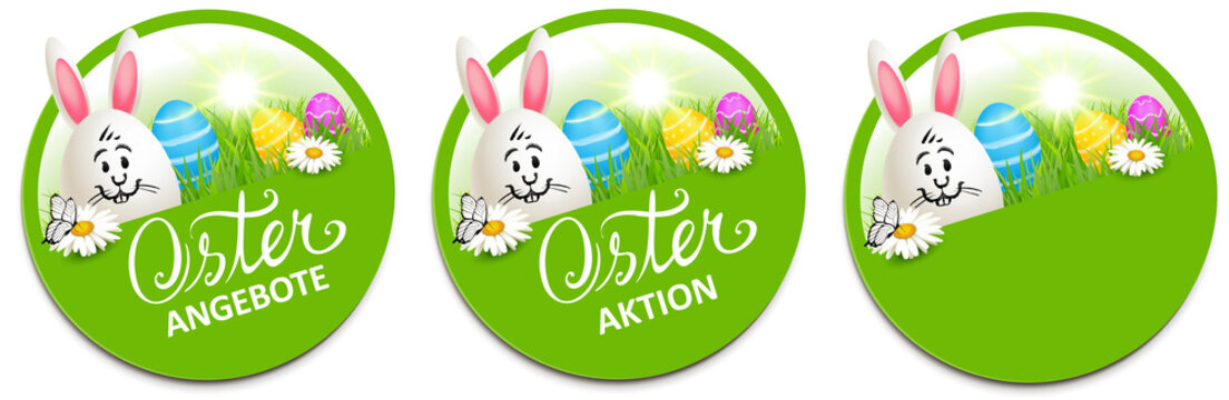 Ostern - Button Set mit Osterhase und bunten Ostereiern mit Blumenwiese - Osterangebot, Osteraktion