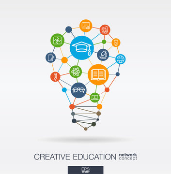 Education integrated thin line web icons. Idea, solution in light bulb shape. Digital network concept. Connected polygons and circles system. Elearning, graduation, school abstract background. Vector
