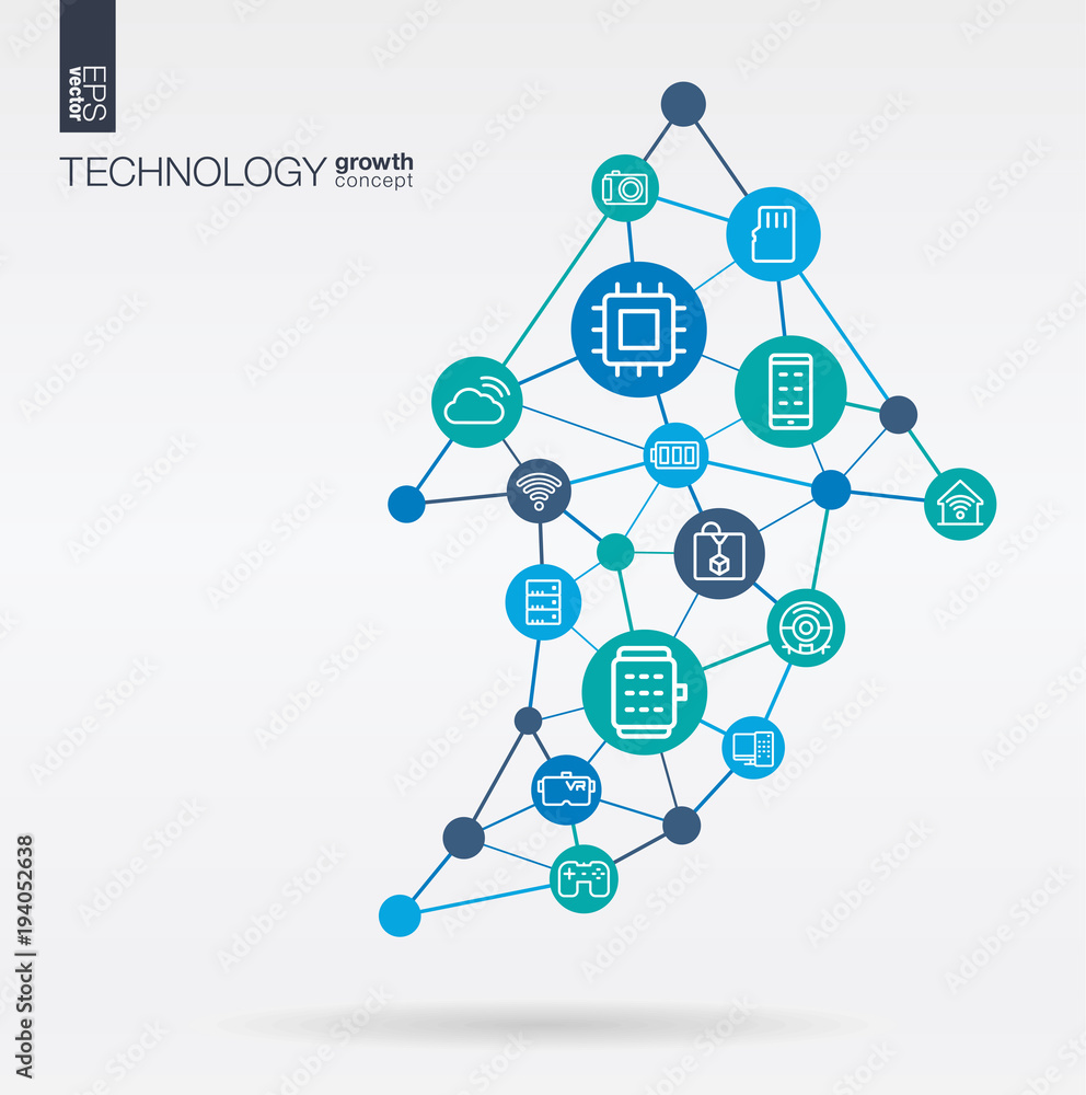 Poster technology integrated thin line web icons. growth, progress, success in arrow up shape. digital neur
