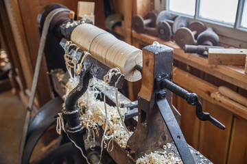 Old traditional carpenter's tools. Wood lathe.