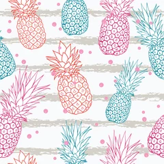 Aluminium Prints Pineapple Vector pineapple on grunge stripes summer colorful tropical seamless pattern background. Great as a textile print, party invitation or packaging.